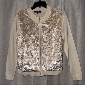 Elegant Cream full zip Cardigan size small shimmer faux fur down front gold zip